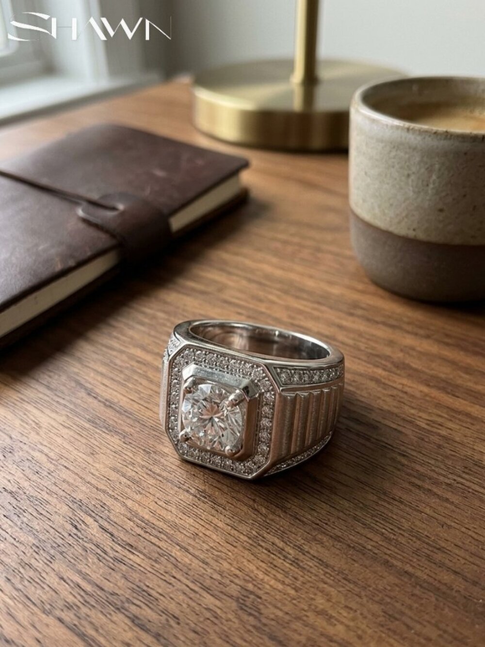 Mens 1CT Crushed Ice Moissanite Ring, Wide Silver Band